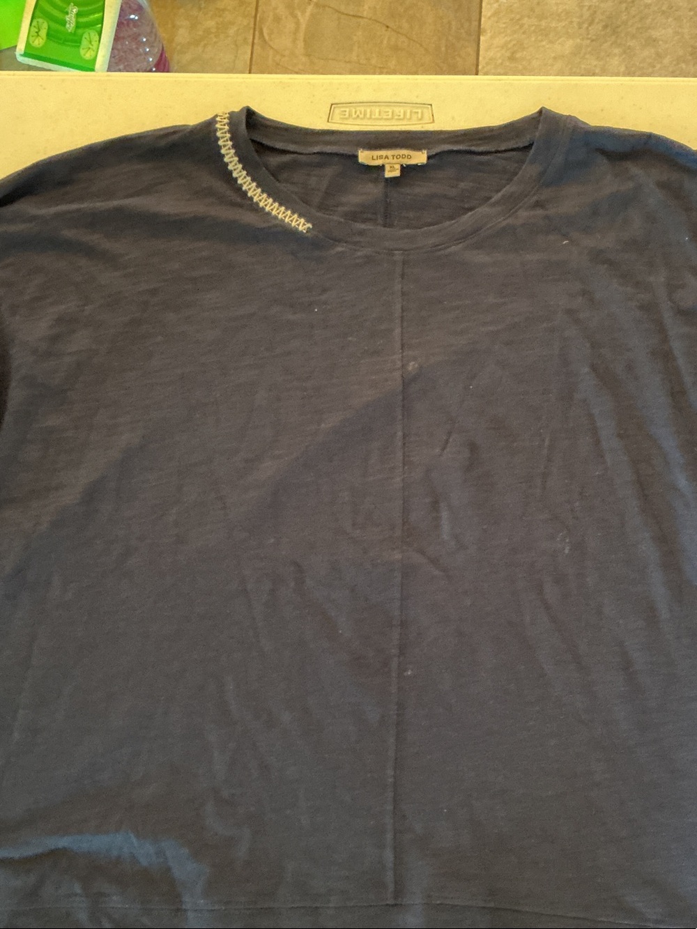 Lisa Todd Navy Short-Sleeve Crew Neck T-Shirt with Contrast Stitch